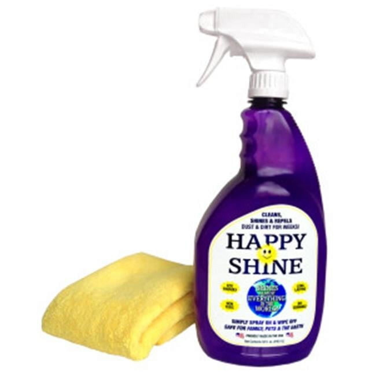 Happy Shine 32 oz bottle beside a yellow microfiber cloth