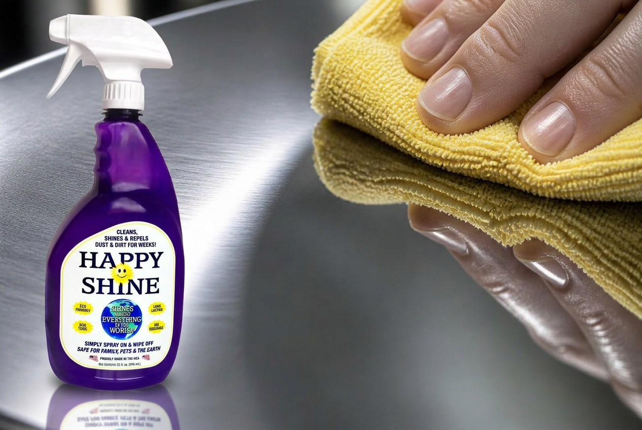 A yellow microfiber cloth polishing brushed stainless steel to a mirror finish