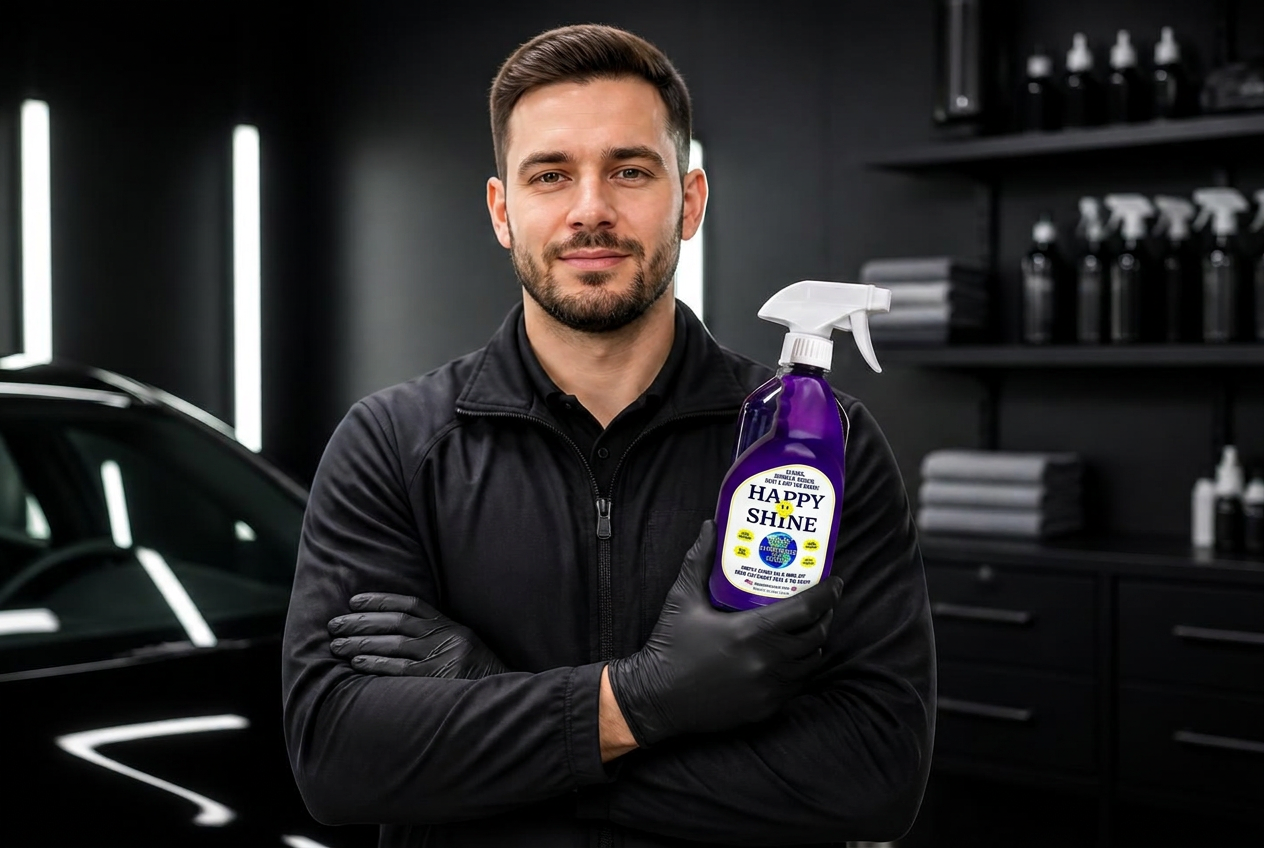 A professional detailer holding a bottle of Happy Shine