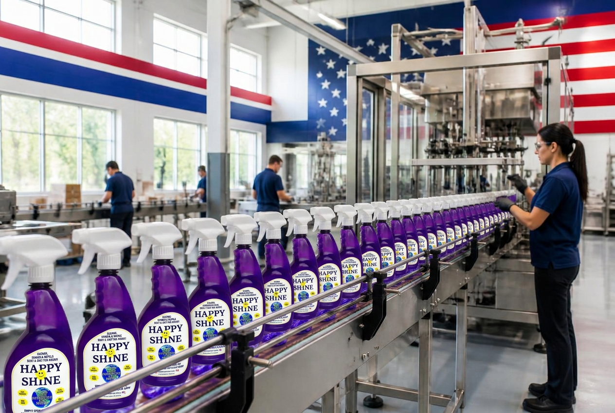 Happy Shine bottles on an American production line